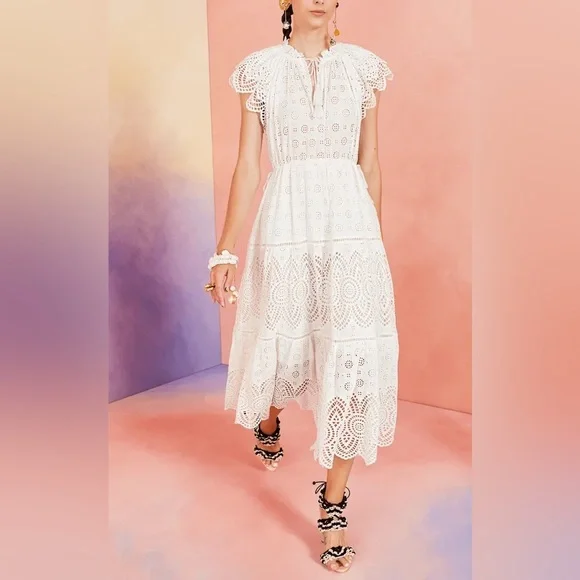 Ulla Johnson Gianna White Eyelet Midi Dress Size 0 XS Tiered Tasseled Boho Bride - Picture 1 of 16